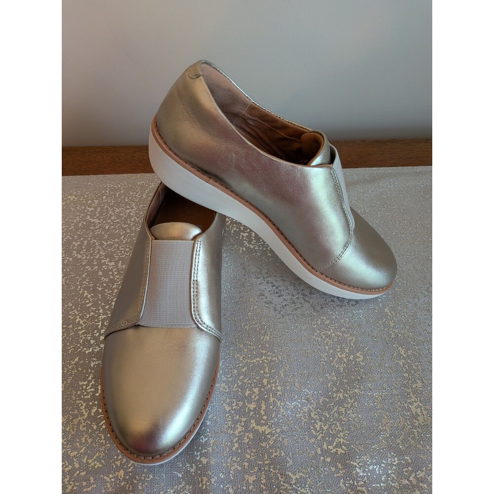 FitFlop Loafers Womens 5 Lt Gold Laceless Slip on Leather Derby Walking Shoe NEW